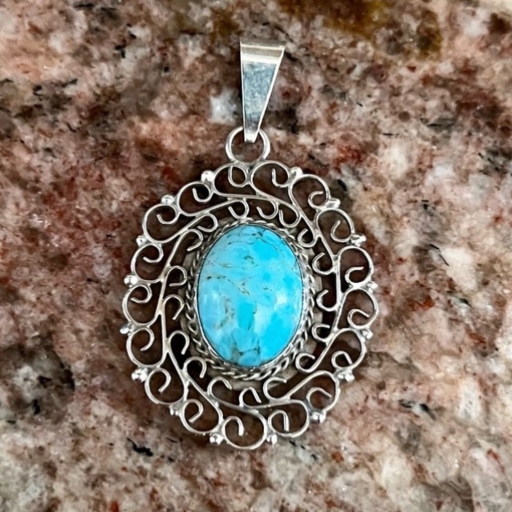 TAXCO Mexico Sterling silver necklace pendant turquoise hubbell Czech Glass Vtg